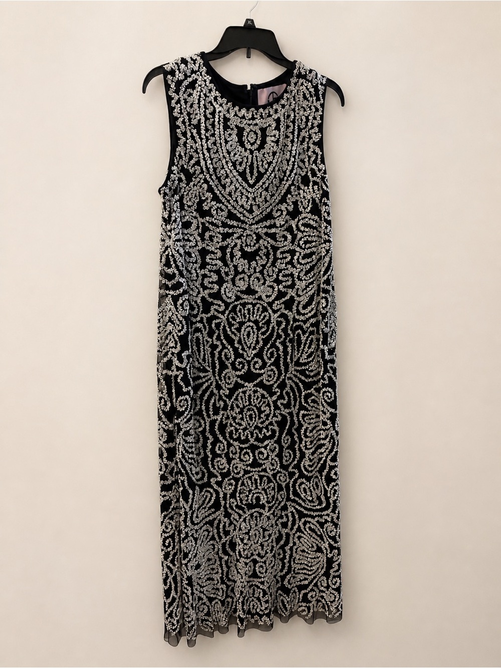 JS Collections black and white beaded embroidered midi soutache dress.